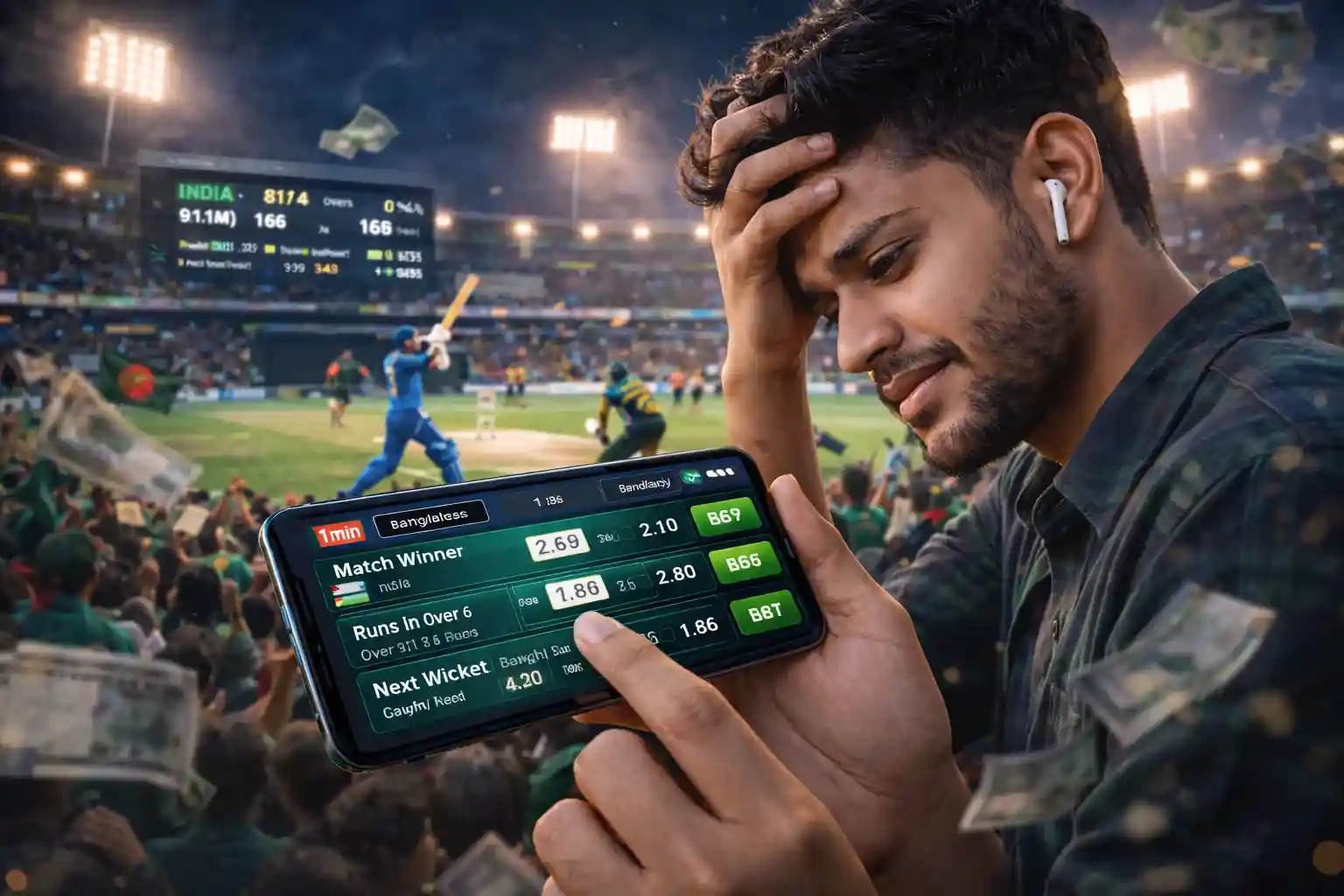 Bangladeshi player placing live cricket bets on smartphone in stadium