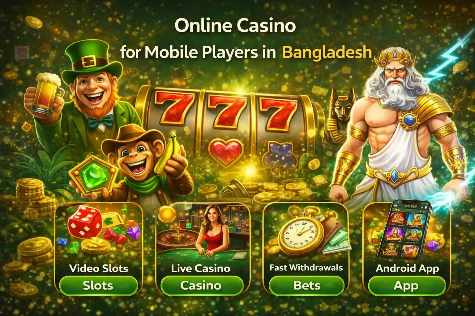 Bangladesh casino games banner with slots characters and golden jackpot