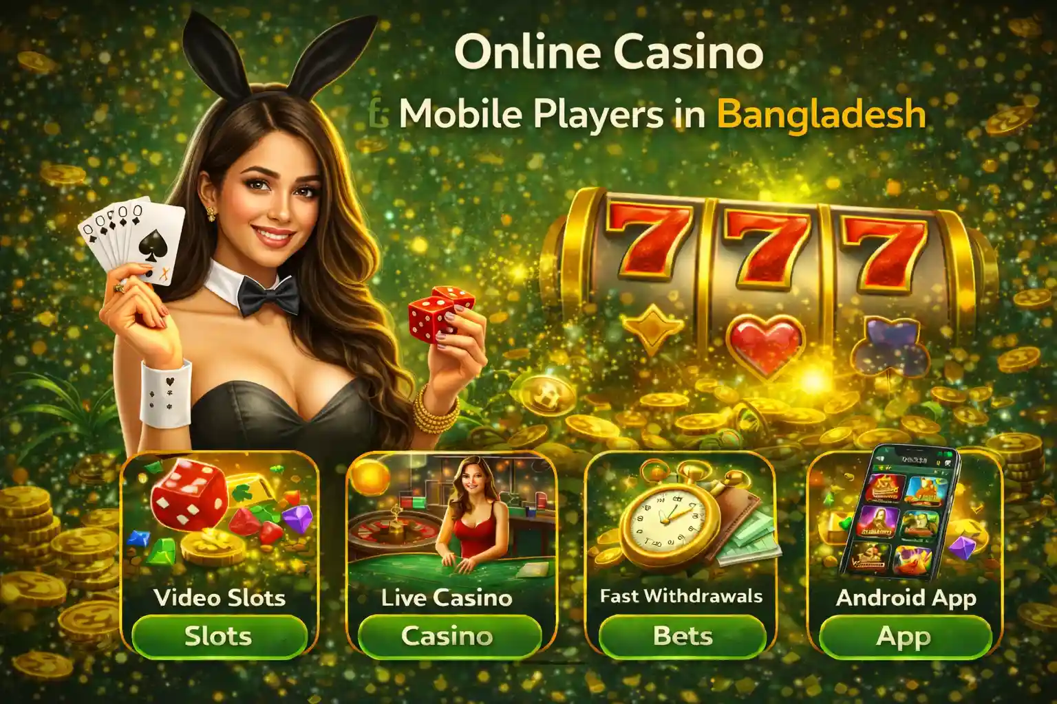 Bunny themed mobile casino home screen with slot reels and gold coins