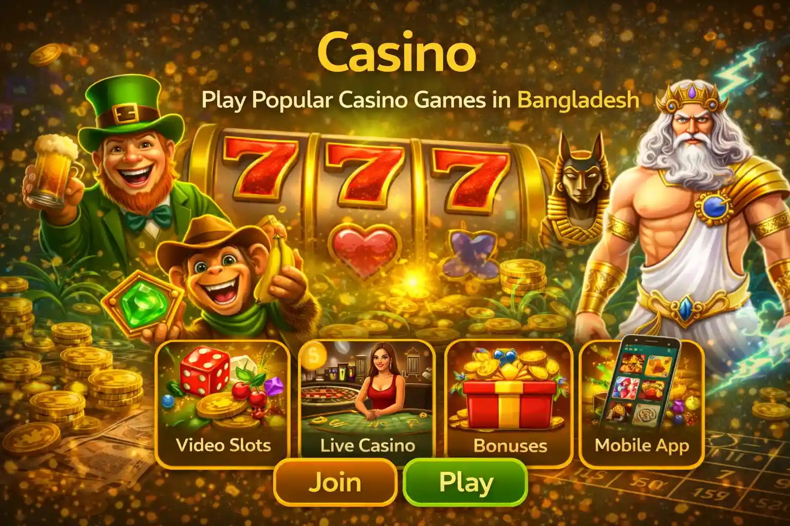 Online casino hero banner in Bangladesh with jackpots and game icons