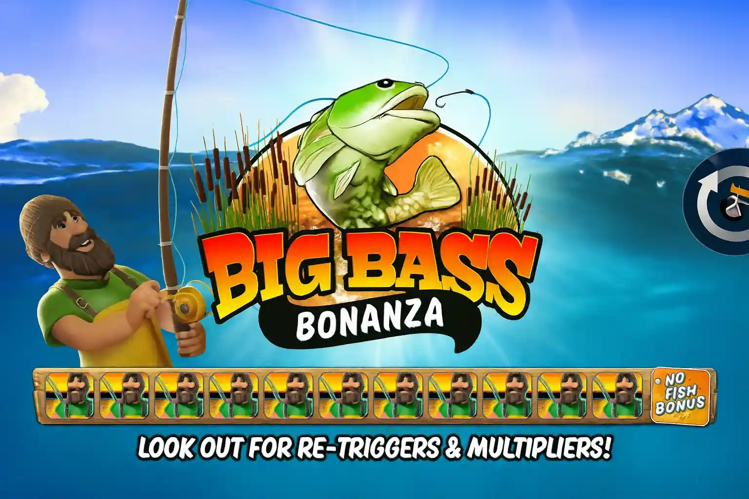 Big Bass Bonanza slot game screen with fisherman and bonus symbols